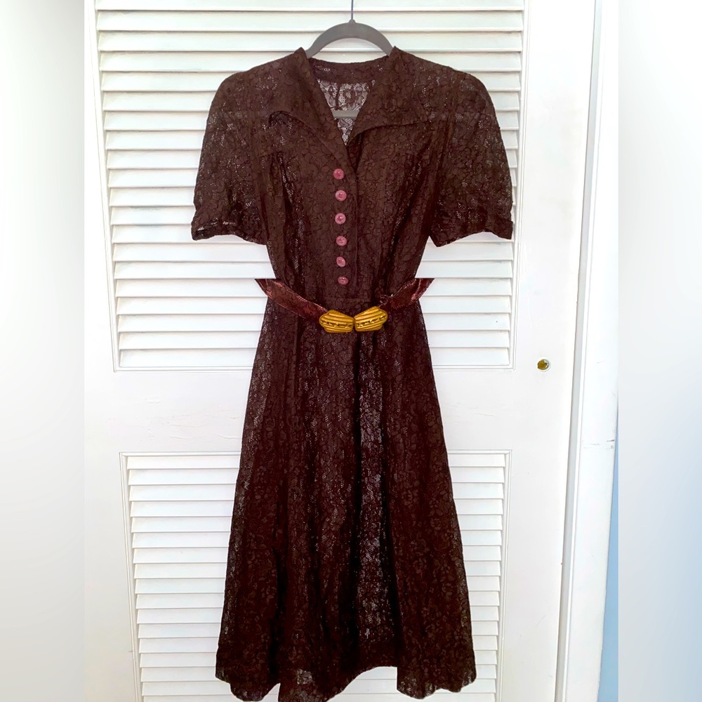 Vintage small Belted Brown Lace dress